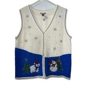 White‎ Stag Snowman XL Xmas Sweater Vest Polar Bear Metallic Silver Snowflake